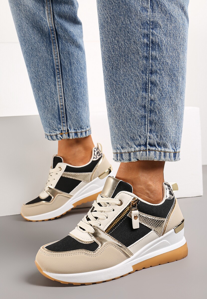 Beżowo-Czarne Sneakersy na Niewysokim Koturnie Ozdobione Suwakiem i Wstawkami Liorrama