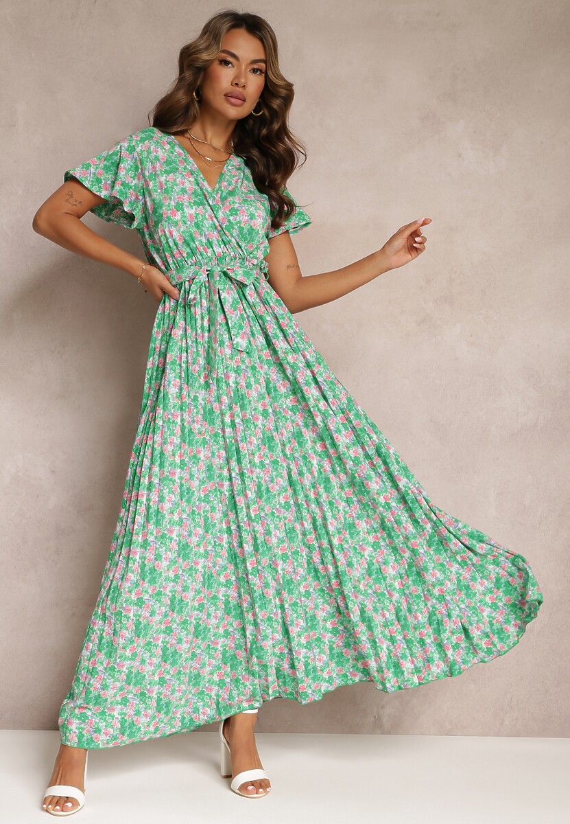 Jasnoróżowa Plisowana Sukienka Maxi w Kwiatki z Gumką w Talii Ikama