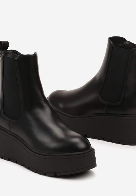 Czarne Botki Sztyblety na Platformie i Koturnie z Gumką Riaella