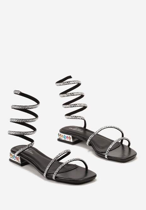 Czarne Sandały z Kryształkami na Płaskim Obcasie z Elastycznymi Paskami z Cyrkoniami Darniafa