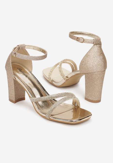 Złote Sandały na Słupku z Brokatem i Cyrkoniami Axerise