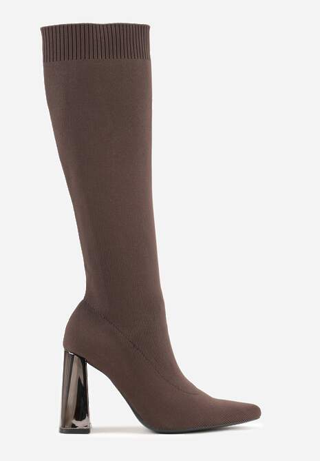 Brązowe Skarpetkowe Kozaki Vices na Słupku z Metalicznym Połyskiem Tuvitte