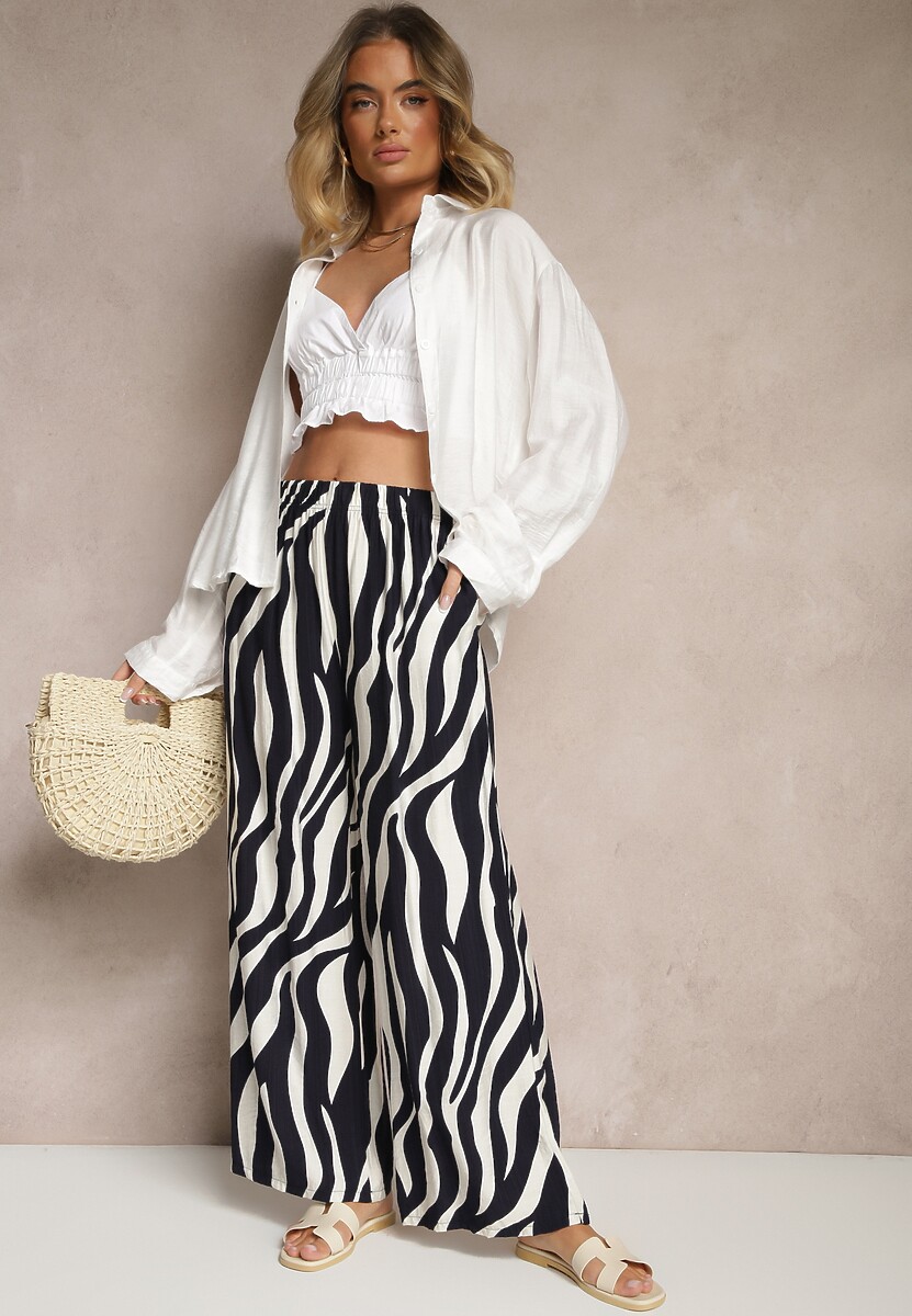 Beżowo-Białe Spodnie o Szerokim Kroju High Waist Ozdobione Paskami Lisamelia