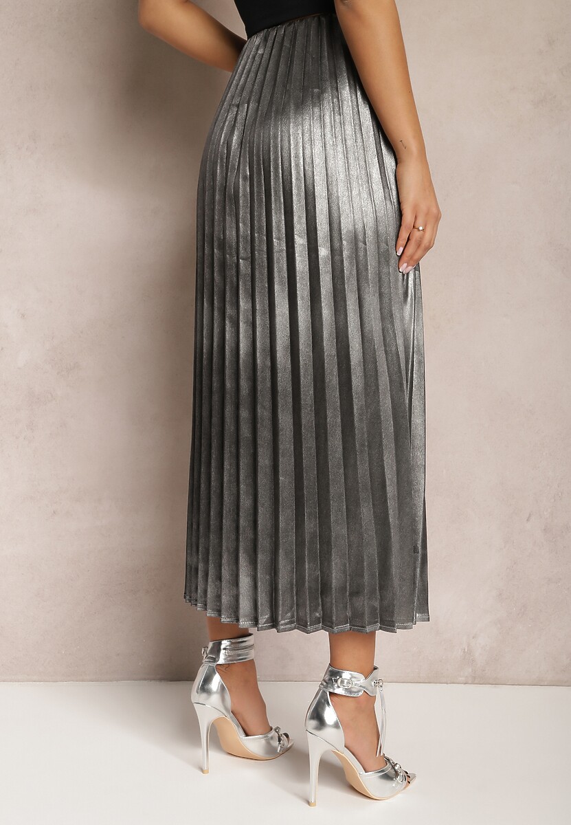 Srebrna Połyskująca Spódnica Plisowana Maxi Vilira