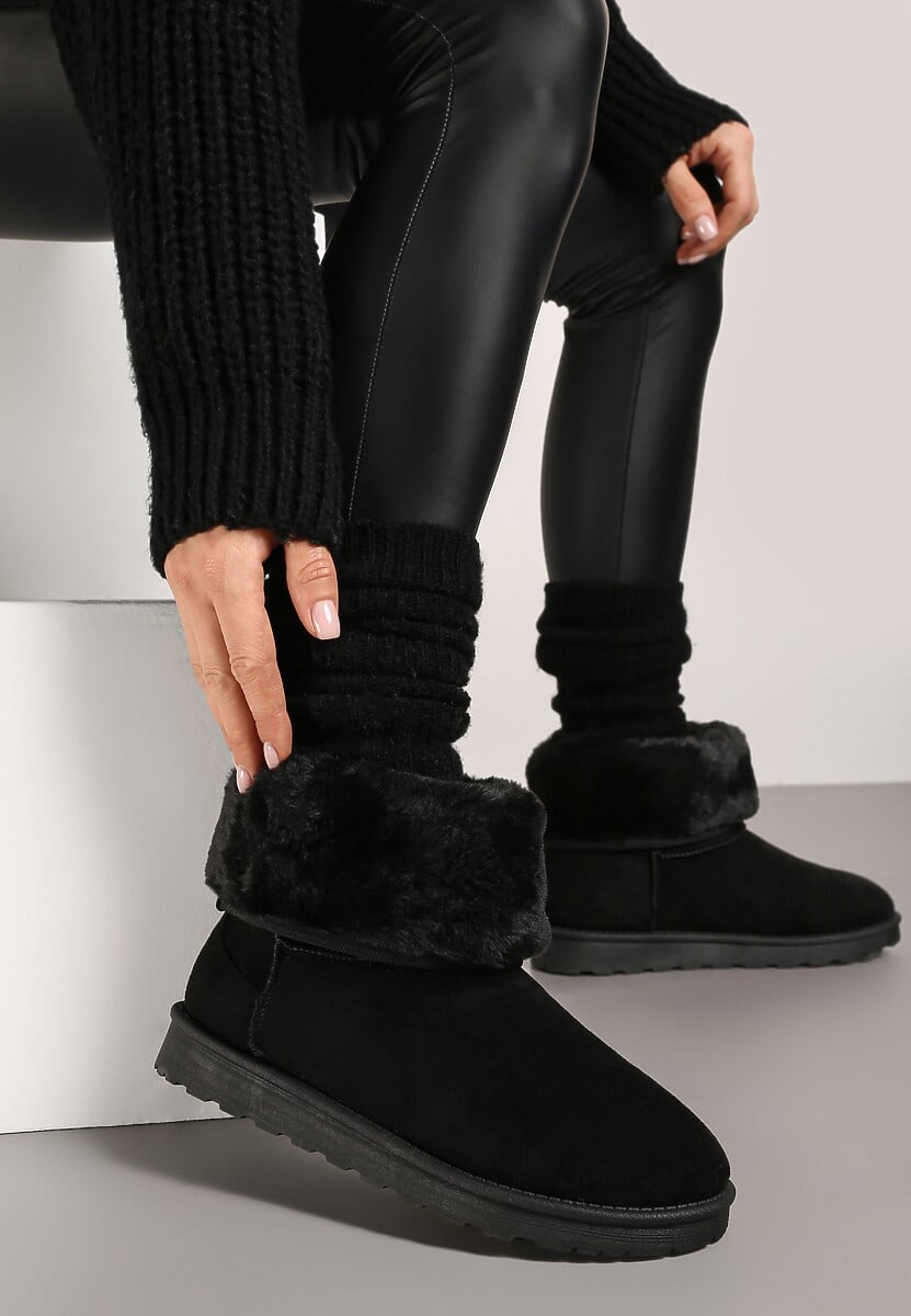 Czarne Śniegowce na Płaskiej Podeszwie z Ozdobnym Futerkiem Polida