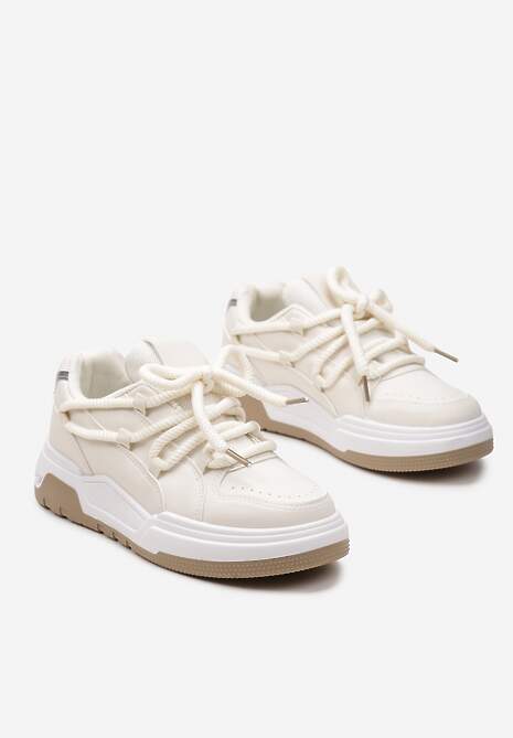 Beżowe Sneakersy z Szerokimi Ozdobnymi Sznurówkami Naale