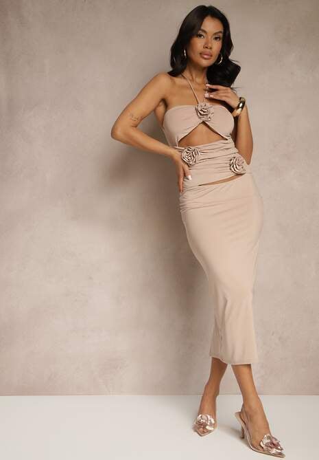 Ciemnobeżowa Sukienka Midi z Wiązaniem i Wycięciem Ozdobiona Kwiatami Zanephone