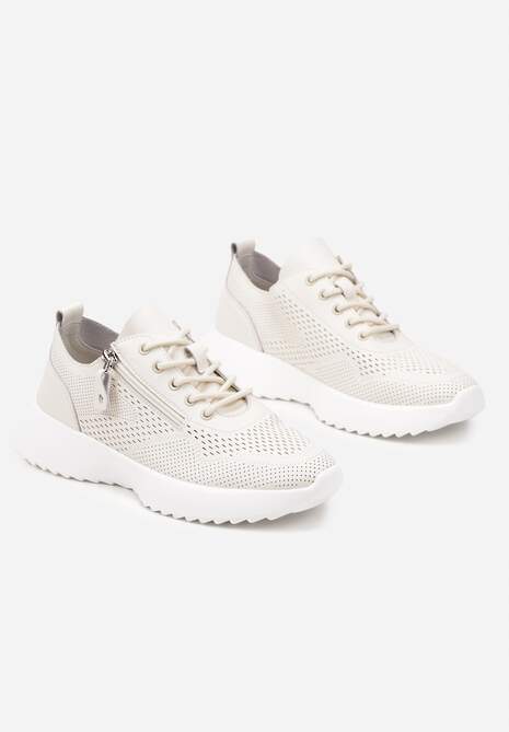 Beżowe Sneakersy Skórzane Ozdobione Suwakiem Ivelami