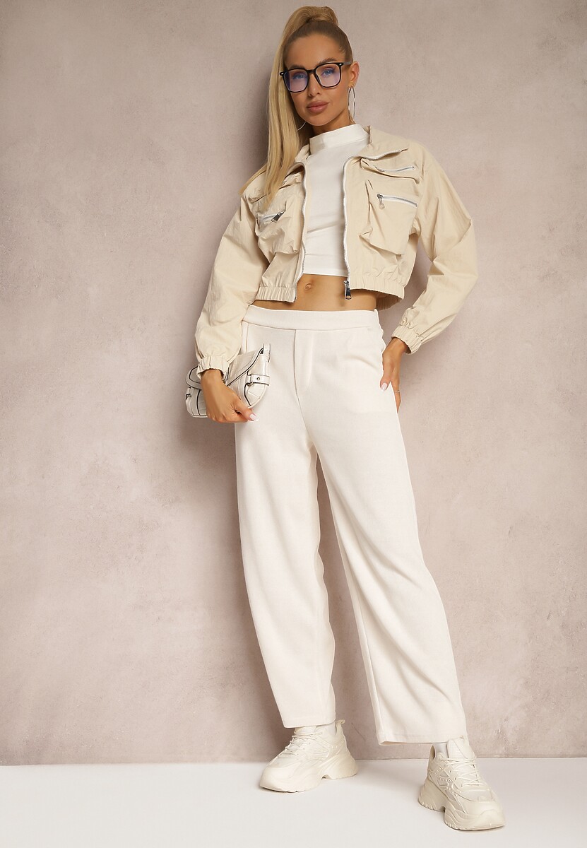 Jasnobeżowe Szerokie Spodnie Ozdobione Imitacją Kieszeni Tassae