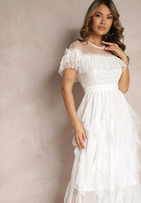 Biała Rozkloszowana Sukienka z Transparentnymi Wstawkami z Koronki Saela