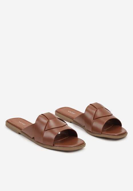 Brązowe Klapki na Płaskiej Podeszwie z Ozdobnymi Paskami i Kwadratowym Noskiem Lunivia