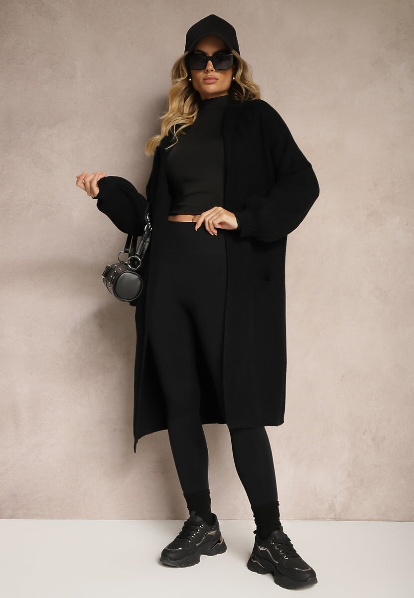 Czarny Nierozpinany Kardigan z Kapturem ze Ściągaczami przy Rękawach Giselda