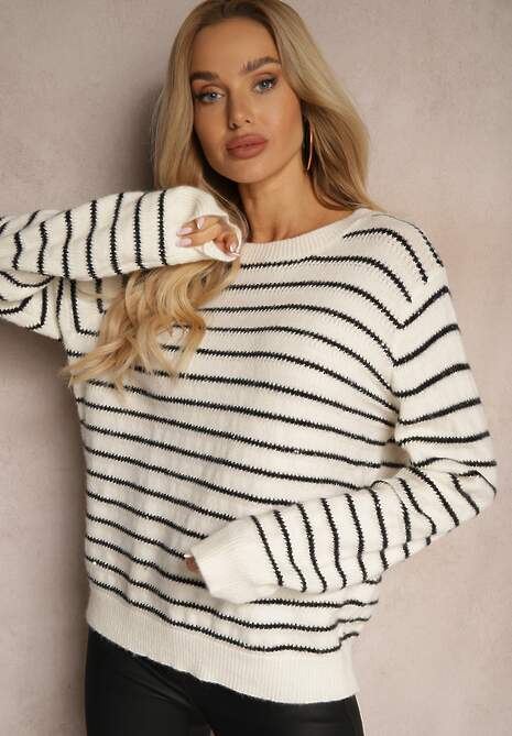 Beżowo-Czarny Sweter Ozdobiony Metaliczną Nitką i Cekinami w Paski Nasemi