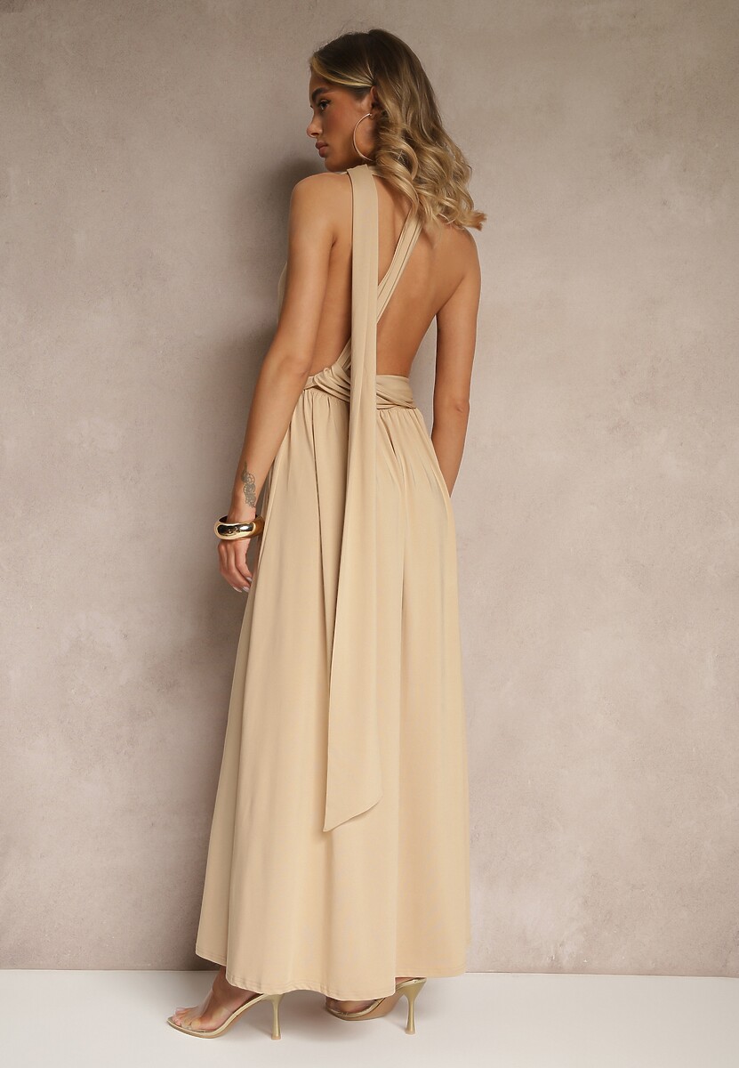 Beżowa Sukienka Koktajlowa Multiway z Wiskozą Wiązana na Szyi Lilovea
