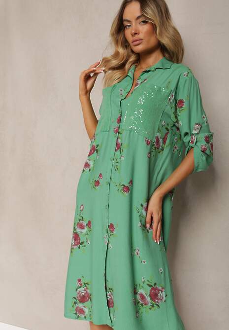 Ciemnozielona Koszulowa Bawełniana Sukienka Zapinana na Guziki Nuramla