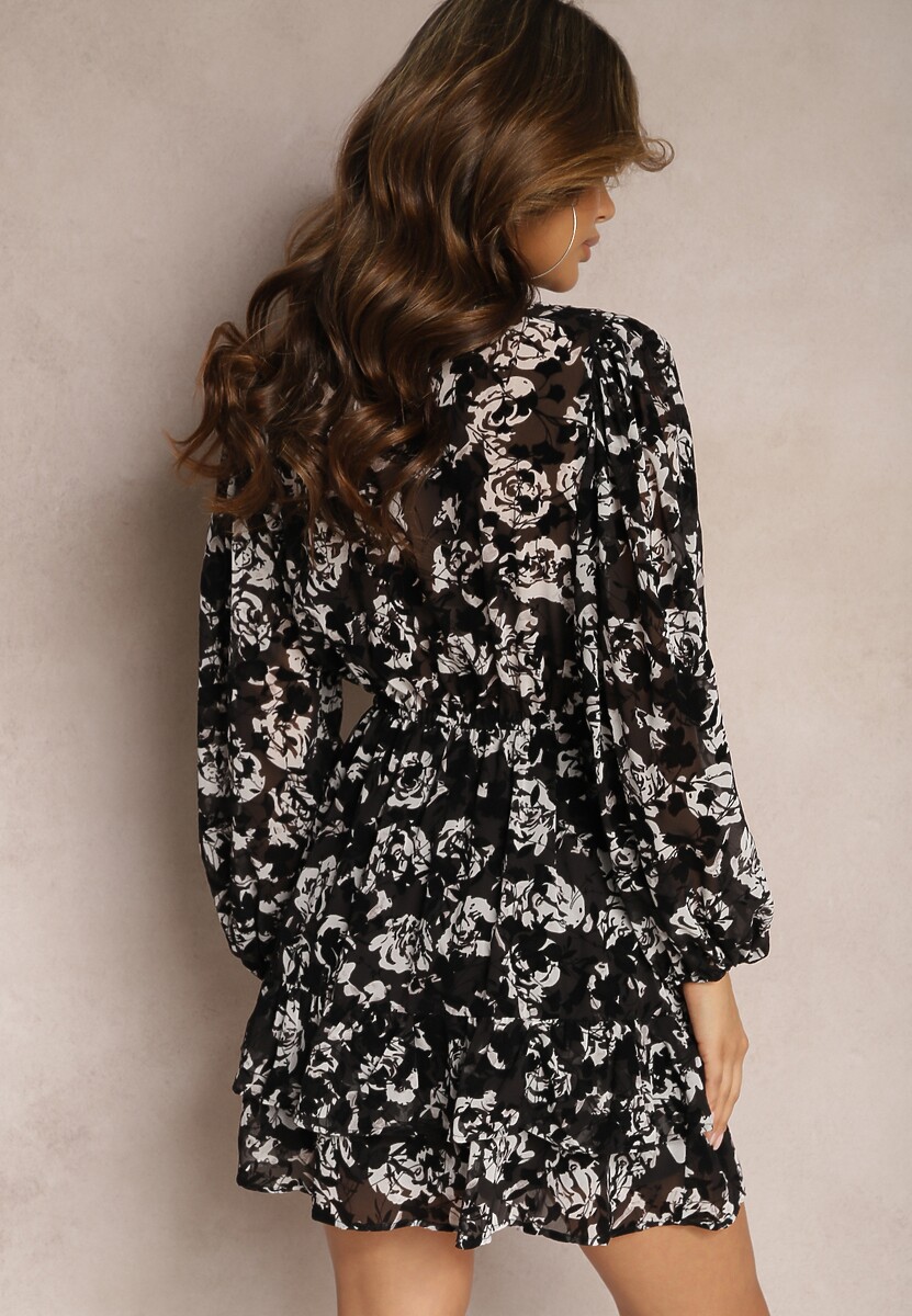 Czarna Sukienka Mini w Kwiaty z Falbanką i Gumką w Pasie Siracusa