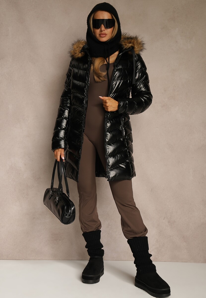 Czarno-Brązowa Kurtka Pikowana  o Długim Kroju Ozdobiona Sznurkami i Odpinanym Futerkiem Lorrina