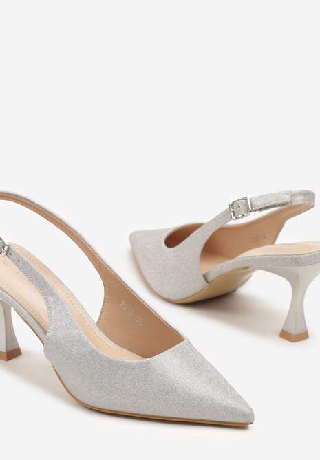 Srebrne Sandały Slingback na Klepsydrze Zdobione Brokatem Reolina