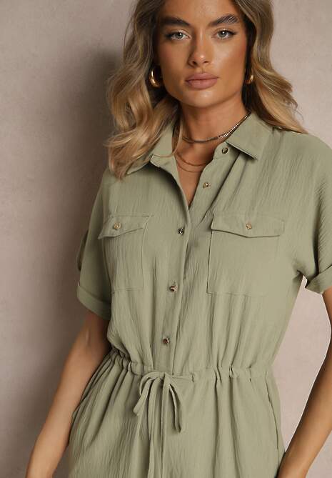 Ciemnozielony Koszulowy Kombinezon z Krótkim Rękawem Wiązany w Pasie Maraisla
