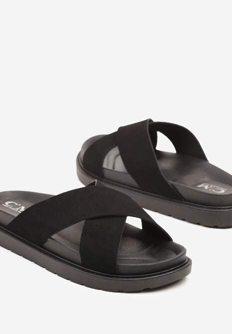 Czarne Klapki Ozdobione Dwoma Paskami Liasuntia