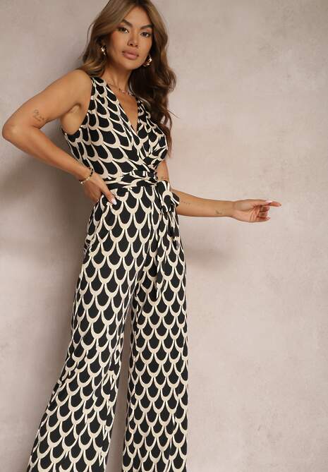 Czarno-Beżowy Kombinezon o Taliowanym Kroju z Trójkątnym Dekoltem i Paskiem w Talii Geranea