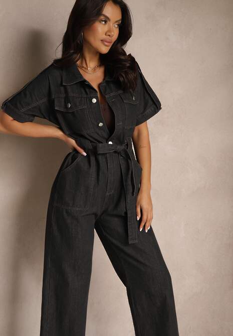 Czarny Denimowy Kombinezon z Bawełny z Materiałowym Paskiem w Talii i Szerokimi Nogawkami Yonadea