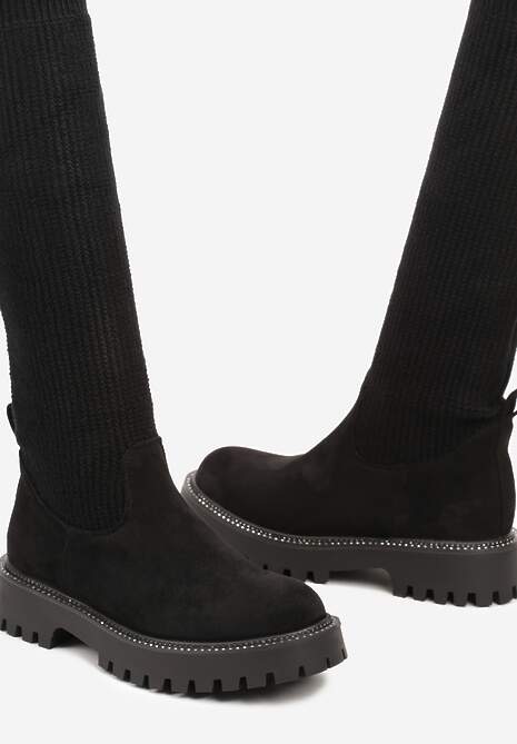 Czarne Kozaki na Platformie ze Skarpetową Cholewką Ozdobione Cyrkoniami Lerivara