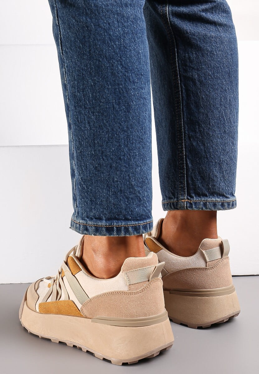 Ciemnobeżowe Sznurowane Płaskie Sneakersy z Kolorowymi Wstawkami z Ekoskóry Wonise
