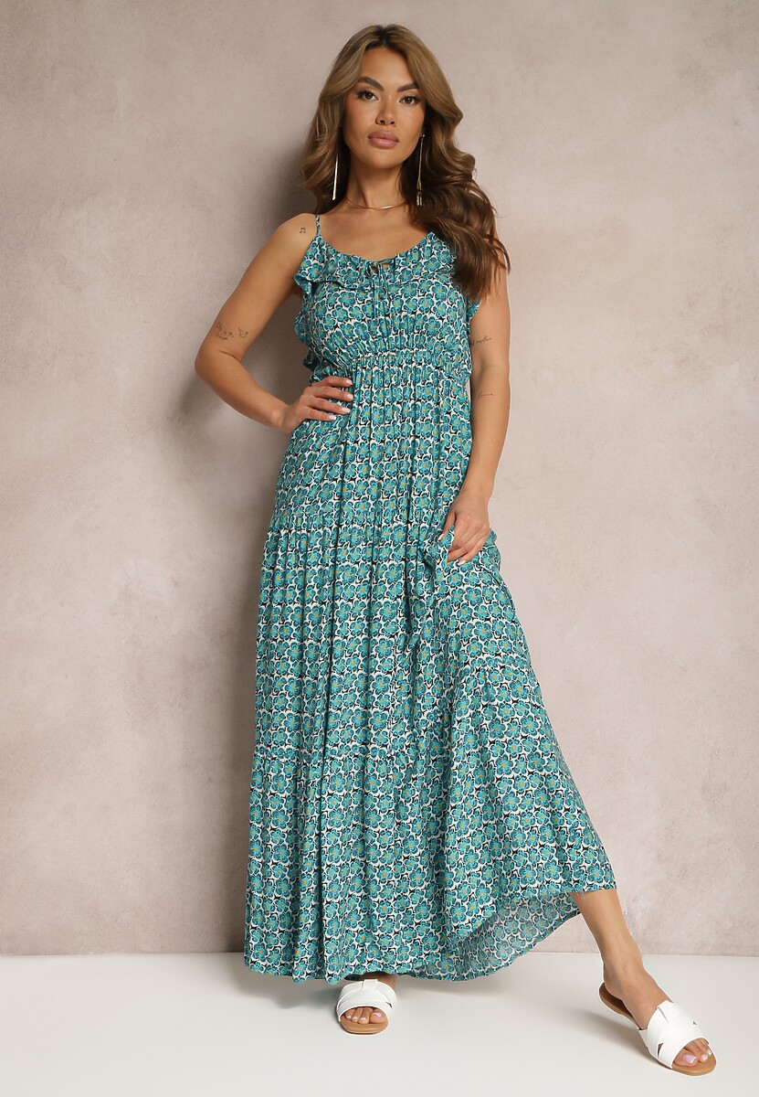 Żółta Rozkloszowana Sukienka z Wiskozy na Regulowanych Ramiączkach Wrinesa