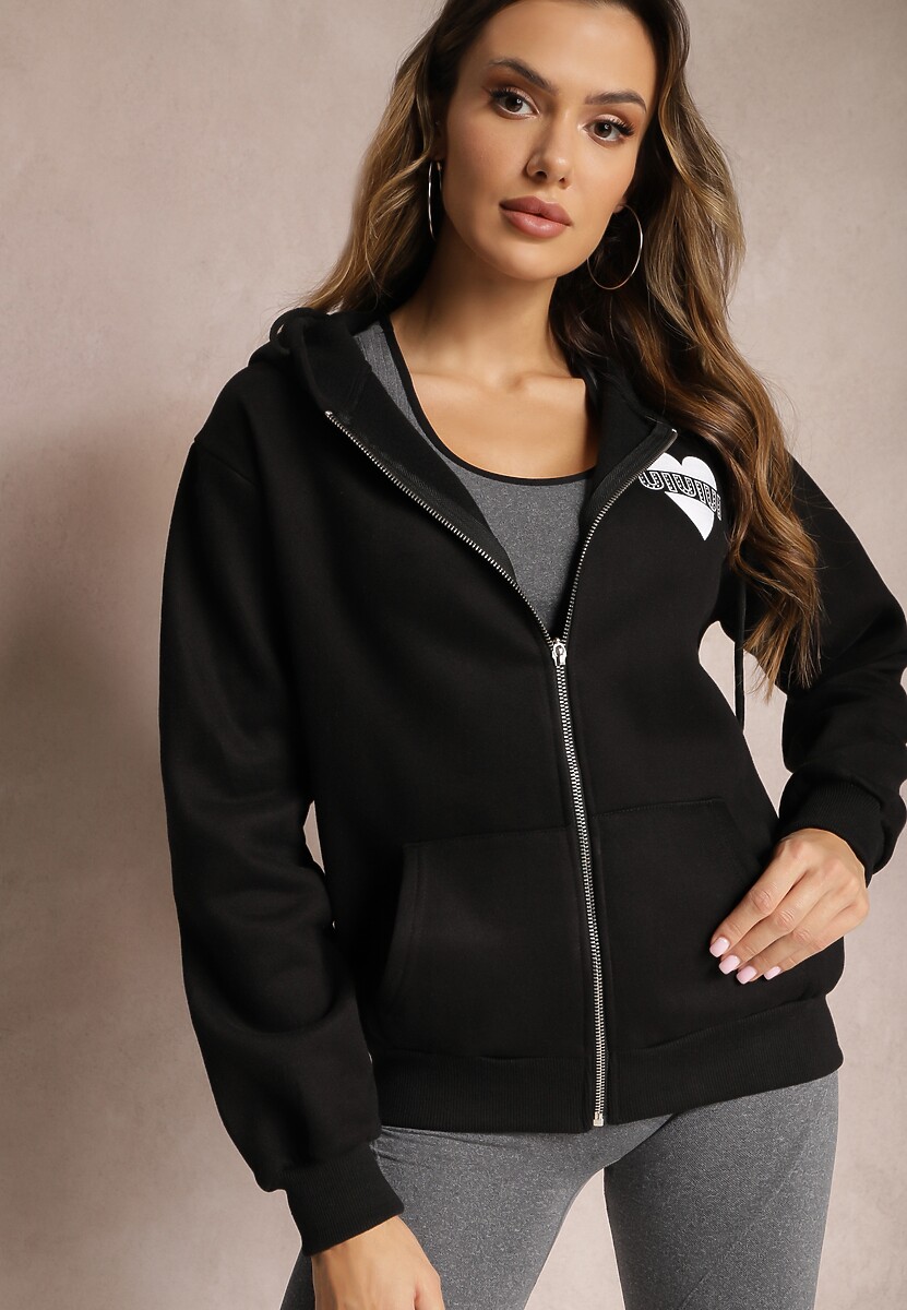 Czarna Dzianinowa Bluza na Suwak z Kapturem Heliozze