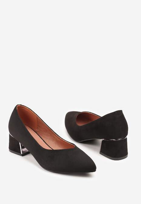 Czarne Czółenka Vices na Słupku z Imitacji Zamszu z Wkładką ze Skóry Naturalnej z Metaliczną Ozdobą Mixin