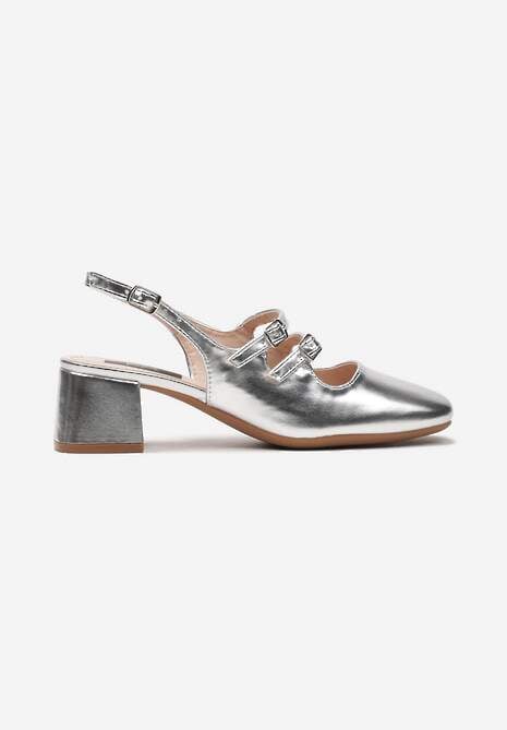 Srebrne Czółenka na Niskim Słupku ze Sprzączkami i Noskiem w Kwadrat Seraphela