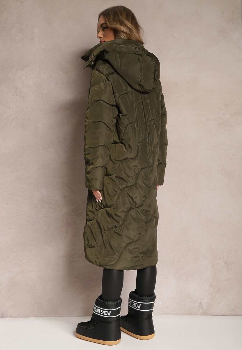 Zielona Pikowana Kurtka Płaszcz za Kolano z Kapturem Kelotta