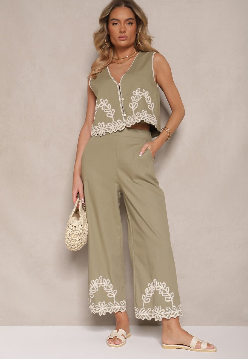 Ciemnozielony Bawełniany Komplet z Ozdobnym Haftem Kamizelka i Spodnie Sesoviela