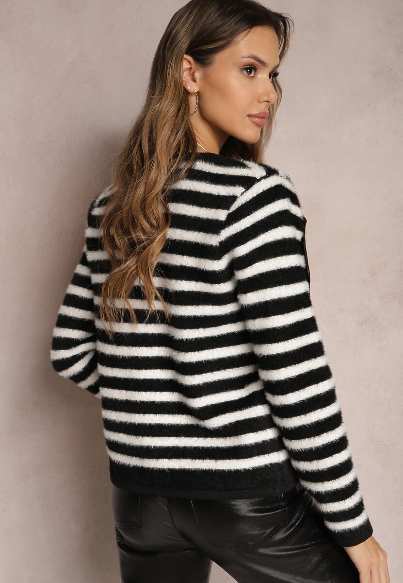 Czarny Kardigan z Wiskozowej Dzianiny w Paski z Satynową Kokardką Apiemia