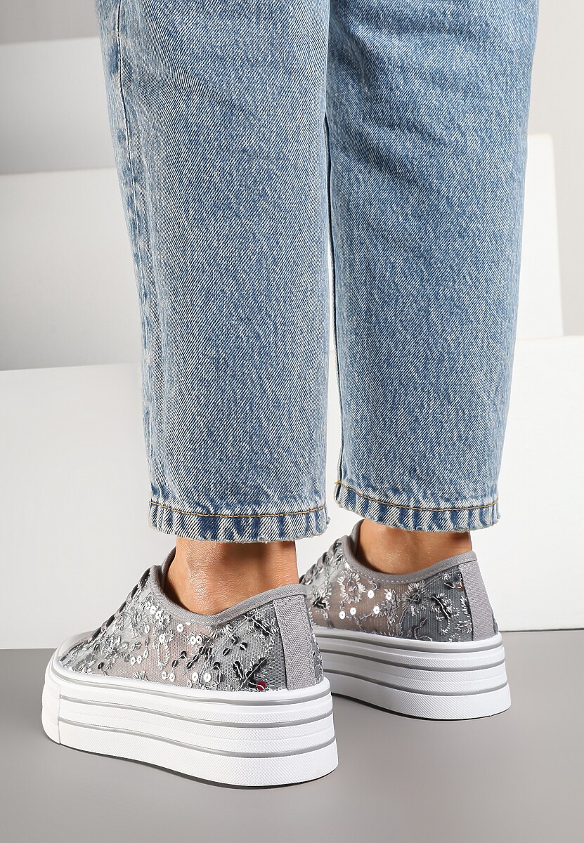 Szare Trampki Vices z Siateczki z Cekinami na Grubej Podeszwie Telanila