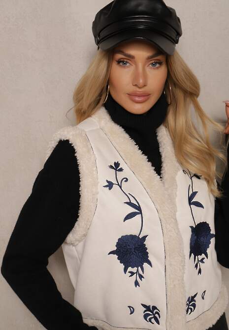 Beżowa Kamizelka z Futerkiem i Haftem w Kwiaty Miathina