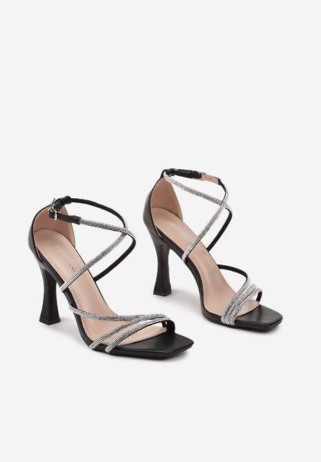 Czarne Sandały na Szpilce Ozdobione Cyrkoniami i Paskami Felidra