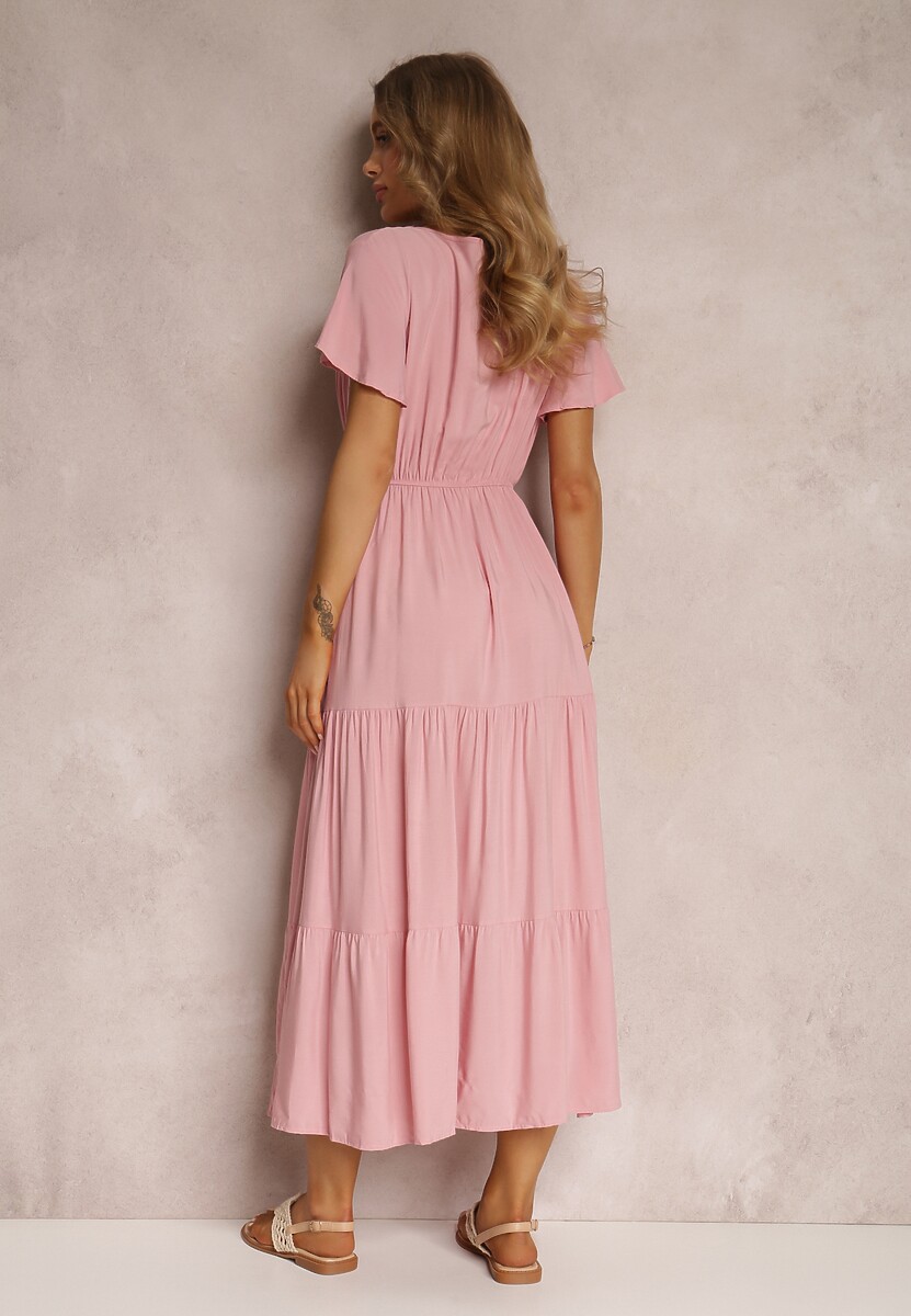 Różowa Sukienka z Wiskozy o Rozkloszowanym Kroju z Falbanami Jonmy