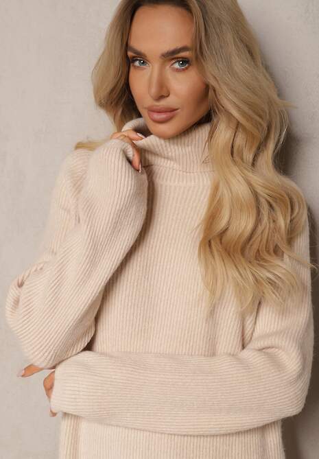 Beżowa Sukienka Dzianinowa Prążkowana Lialethe