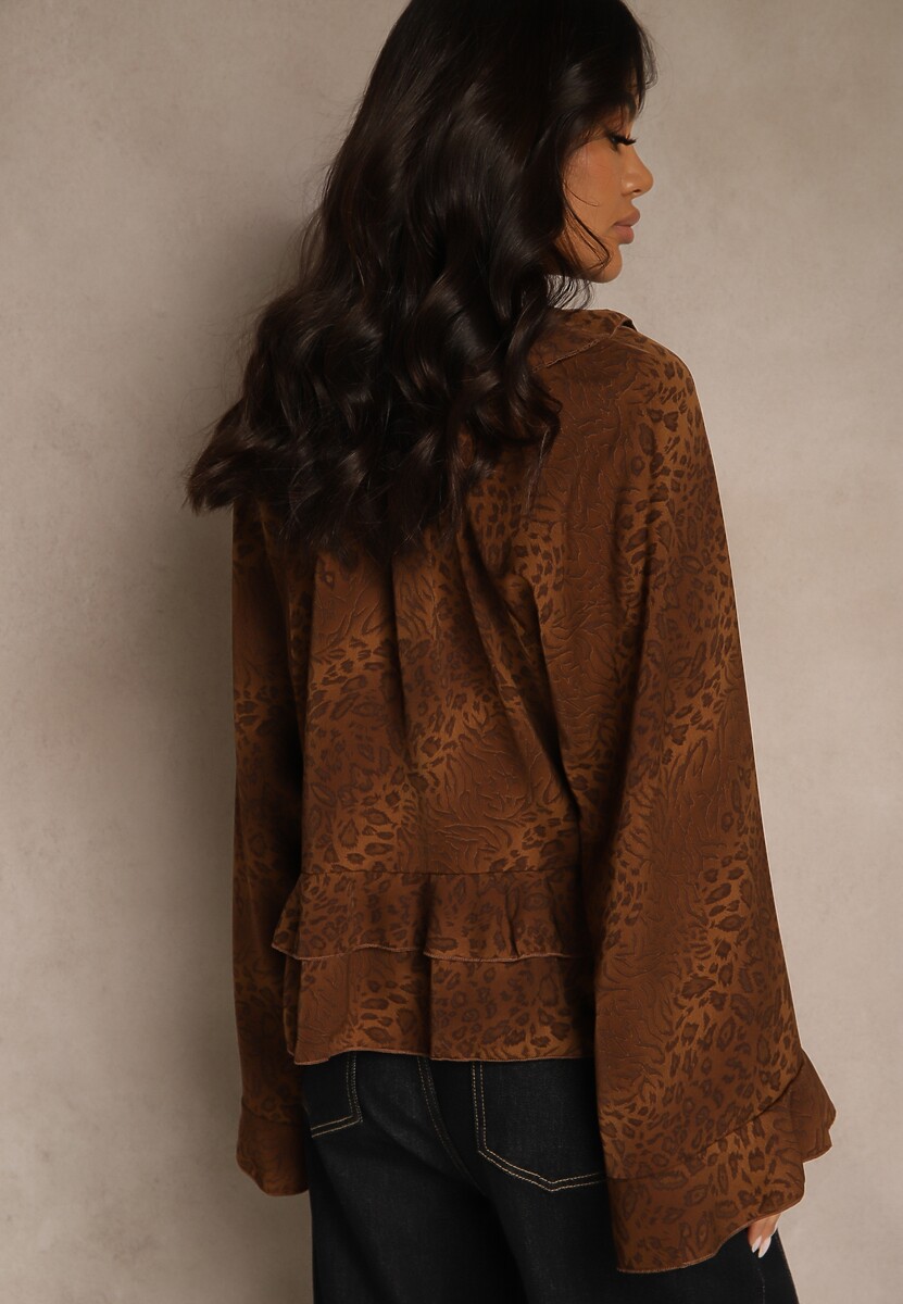 Brązowa Bluzka w Panterkę z Szerokimi Rękawami Zdobiona Falbankami Enntia