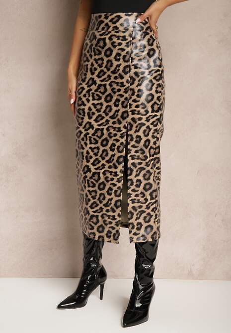 Brązowa Ołówkowa Spódnica High Waist w Panterkę z Rozcięciem Tamionwea