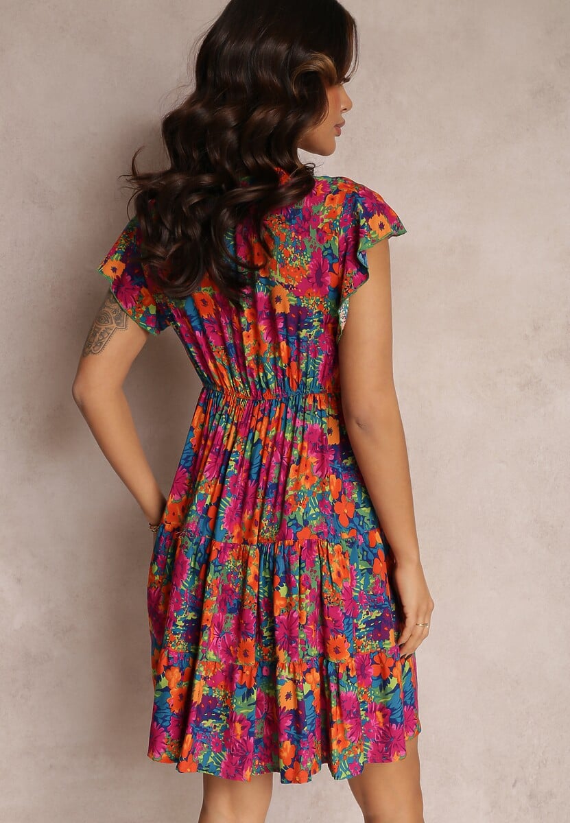 Fuksjowa Wiskozowa Sukienka Mini z Falbaną Linne