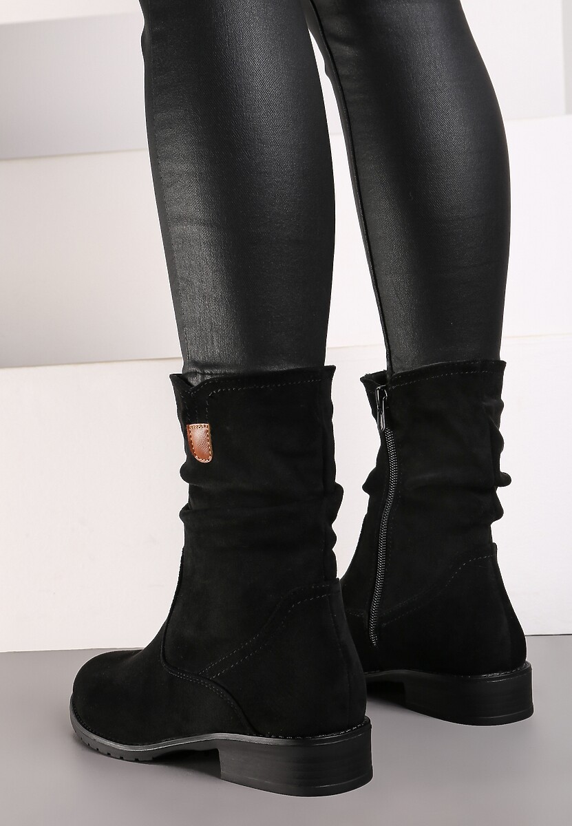 Czarne Botki  do Połowy Łydki z Imitacji Zamszu i Marszczoną Cholewką Alemiphae