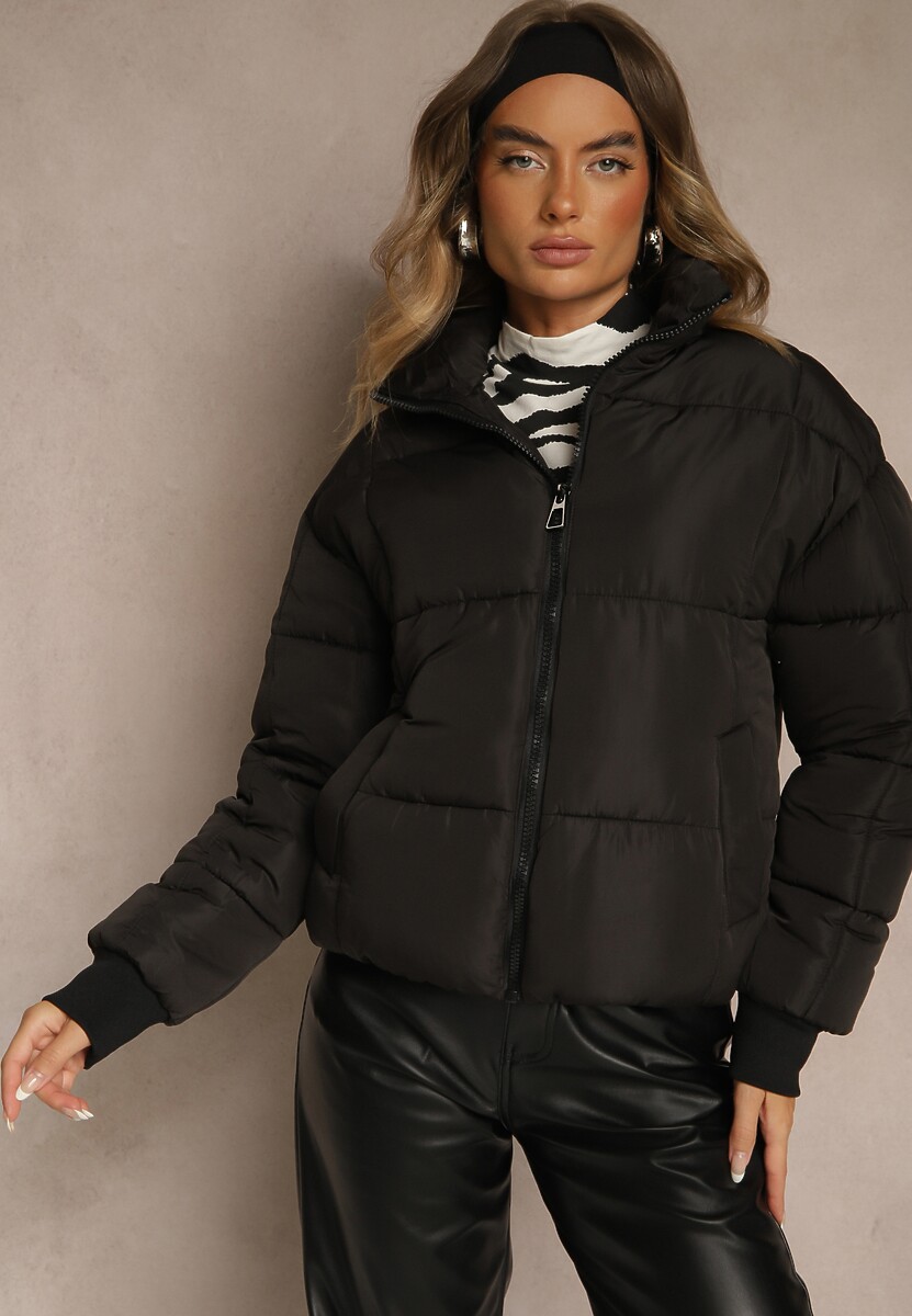 Ciemnozielona Kurtka Puffer z Pikowanymi Przeszyciami i Ściągaczami przy Rękawach Cenilea