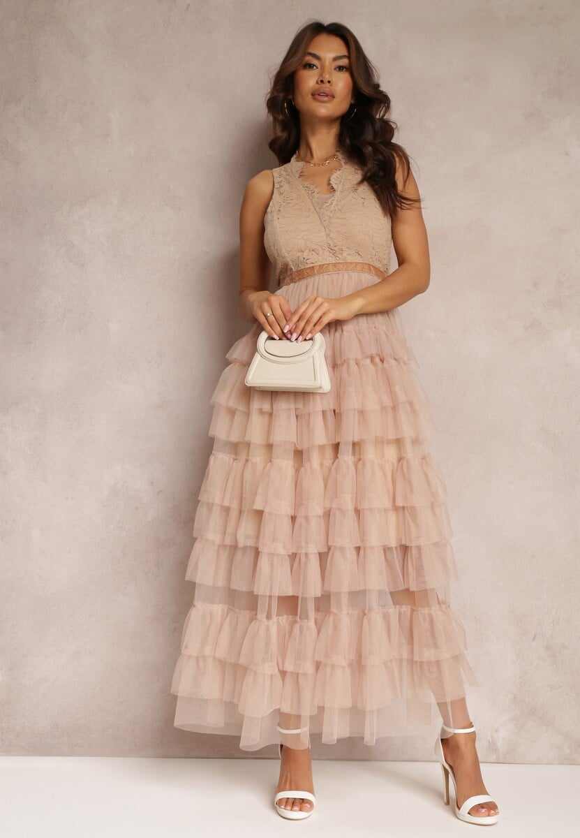 Beżowa Sukienka Koktajlowa z Koronkową Górą i Rozkloszowanym Tiulowym Dołem Venisa
