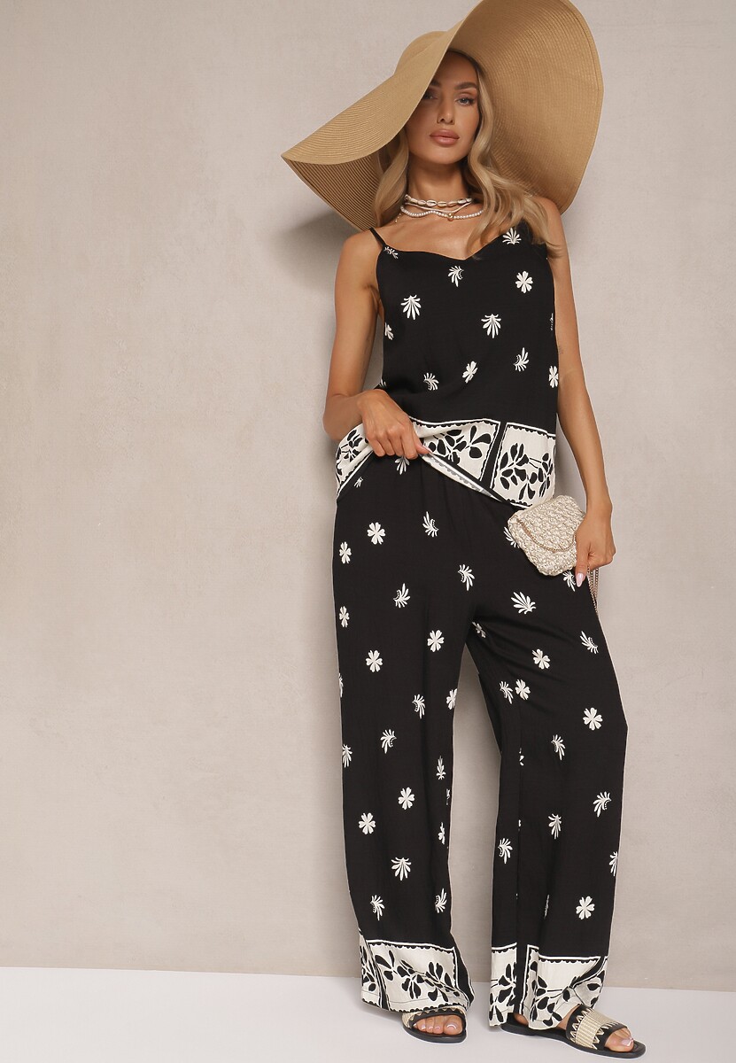 Czarny Kwiatowy Komplet z Wiskozy Spodnie i Koszulka na Ramiączkach Beldisa