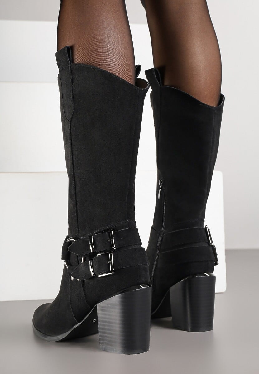 Czarne Kozaki Kowbojki w Stylu Bikerów na Słupku Ansabelle