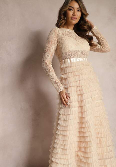 Jasnobeżowa Koronkowa Sukienka Maxi o Rozkloszowanym Kroju z Tiulowymi Falbankami Sivina