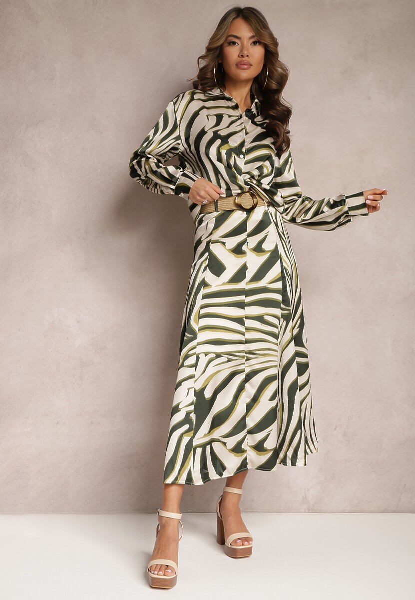 Zielono-Beżowa Długa Spódnica z Plecionym Paskiem Ozdobiona Animal Printem Gabas